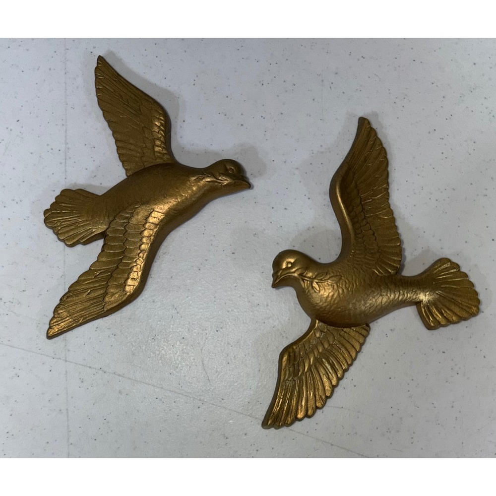 Burwood Set of 2 Doves Birds Gold Tone Wall Hanging Vintage 1970s MCM USA